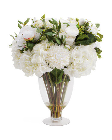 Hydrangea Rose Dahlia Arrangement In Glass Vase | TJ Maxx