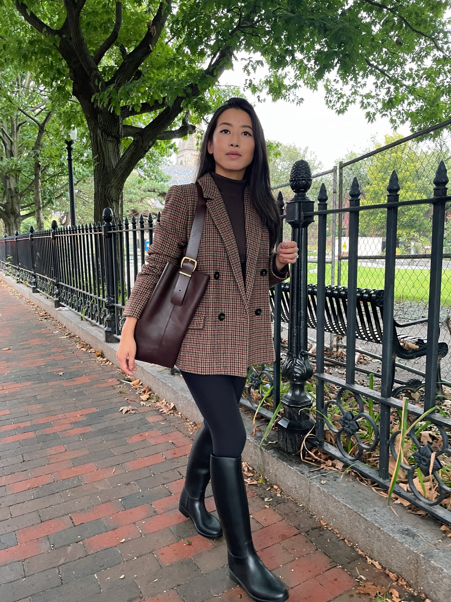 40% off this bucket bag is the best price yet this year! Makes an amazing gift for her 

• Madewell Essentials bucket tote in chocolate raisin, original size . Fits my laptop and more. Nice slouch and structure. I did cut the tail end of the strap and it looks normal still 

• Sezane Christie Jacket 0/32 - a thicker weight blazer; works well as a layering piece or standalone jacket. Size US 0 / EUR 32 is a relaxed fit on me, sleeves are a little long.

• Madewell Drapey Rib Long Sleeve Mockneck top xxs - a great layering staple, I own in several colors. 

• Abercrombie YPB SculptLUX 7/8 leggings Xs I sized up . Use code AFJEAN for another discount 

• Amazon Rubber Equestrian boots 6 - FYI these run narrow and SMALL on both the foot and the shaft (slim fit)

I’m usually a size 5/5.5 and am wearing the size 6 without much wiggle room and they do hit me at the knees, but I like the style a lot 

Gifts for her, holiday outfit ideas, petite friendly fall/winter outfits, casual fall travel or rainy day outfit  

#LTKCyberWeek #LTKGiftGuide #LTKTravel
