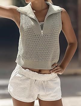 Women Summer Half Zip Crochet Knit Sweater Tank Tops Sleeveless Hallow Out Lapel Collar Casual Ve... | Amazon (US)