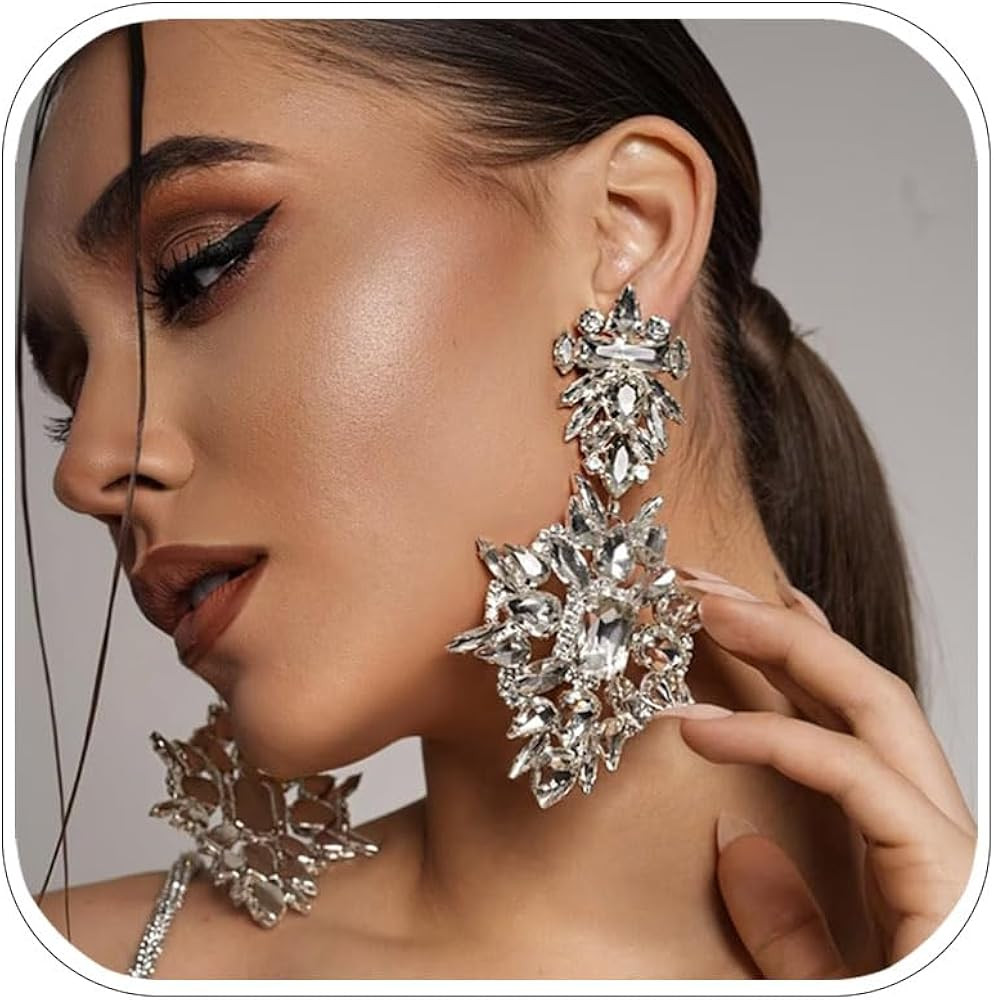 Costume Silver Large Rhinestone Earrings Dangling Trendy Bling Oversized Statement Earrings For W... | Amazon (US)