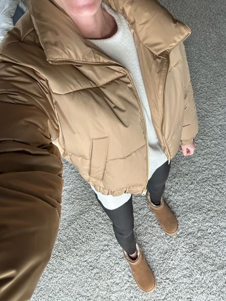 Love this cropped puffer coat!
On sale for $55 right now!
Paired with spanx faux leather leggings and Ugg mini platforms!
