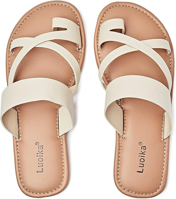 Luoika Women's Wide Width Flat Sandals, Flip Flop Slides Sandal Casual Strapy Sandal Slip on Summ... | Amazon (US)