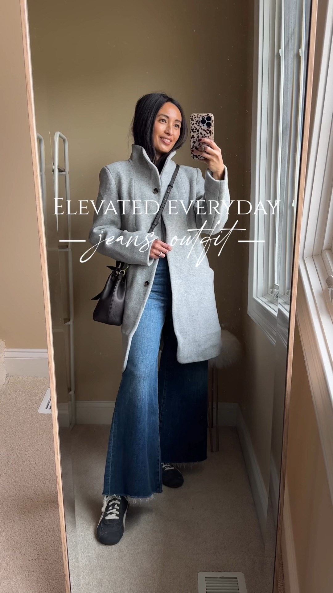 Everyday elevated winter outfit. 
Jeans are a fun wide leg style from to wear casually or dress up with a blouse and heels. 
Comfy, soft stretch denim, with a nice wash and slight whiskering details. Raw hem. 
Size down. 
Wool coat I sized up for room in shoulders. 
Favorite all cotton long sleeve t-shirt. True to size. 
Suede sneakers true to size. 
Charm necklace  


#LTKOver40 #LTKFindsUnder100 #LTKootd