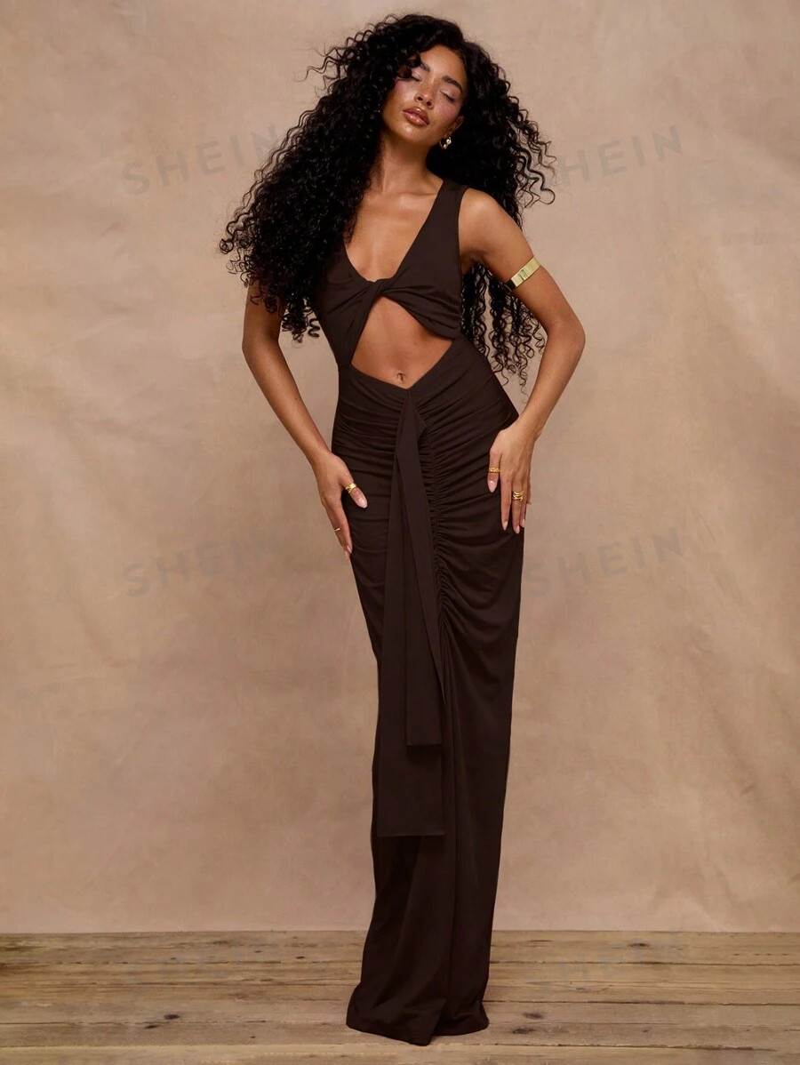 MUSERA Slinky Cut Out Ruched Drape Maxi Dress | SHEIN