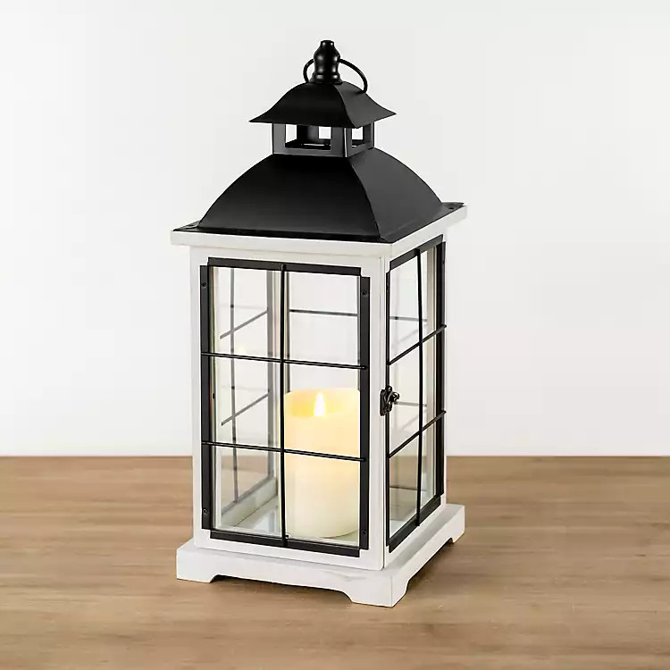 White and Black Pine Wood Lantern, 19 in. | Kirkland's Home