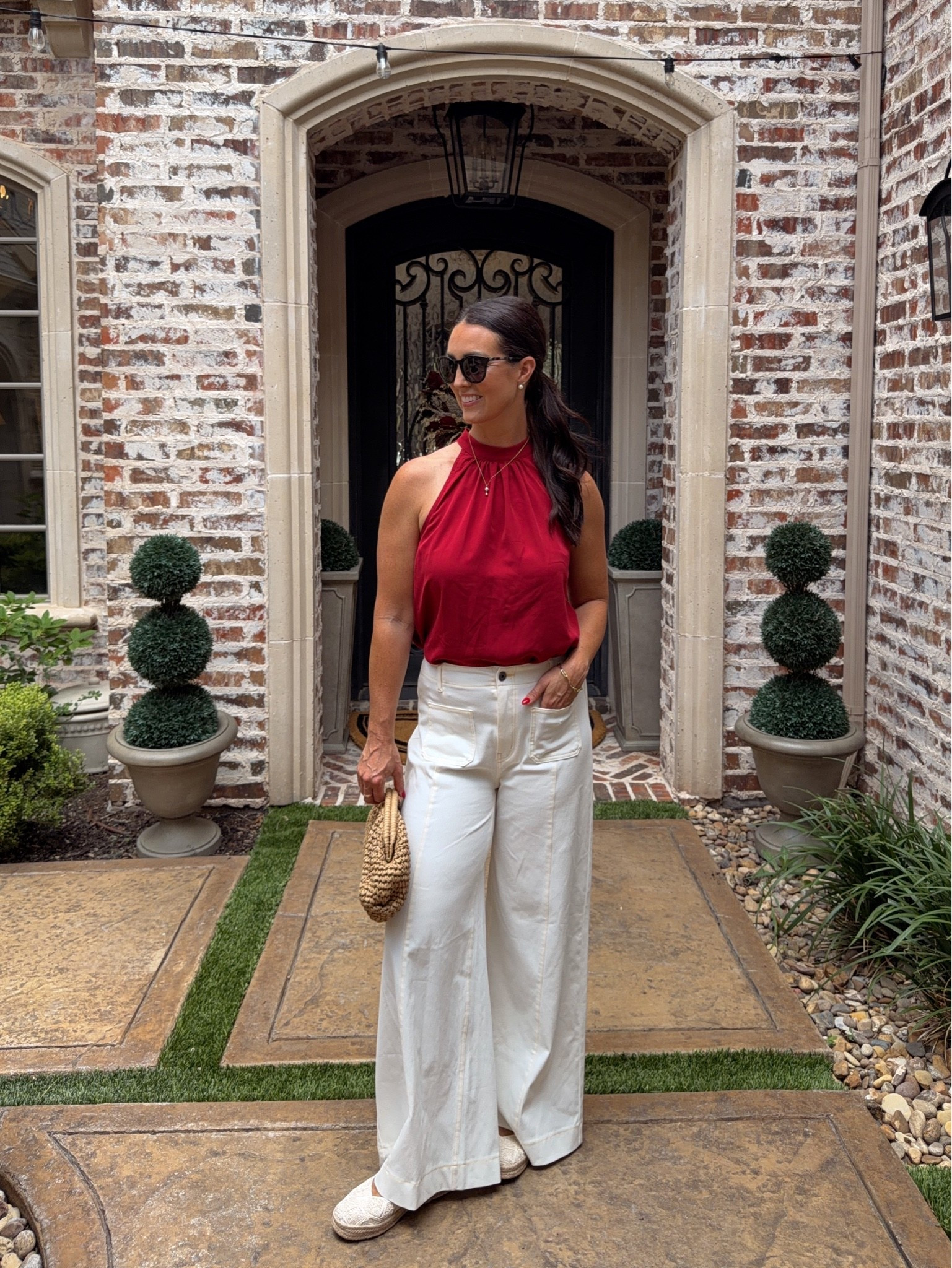 Dressy casual summer lunch outfit or casual dinner outfit! These pants are amazing! Super stretchy denim material, so soft and comfortable! Wide leg style. Use code taryn2 or taryn26

#LTKOver40 #LTKSeasonal #LTKootd