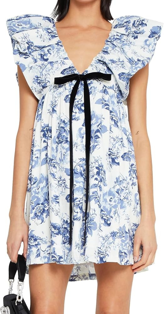 Women's Floral Bow V Neck Babydoll Mini Dress Flower Print Puffy Sleeve Boho Short Casual Loose F... | Amazon (US)