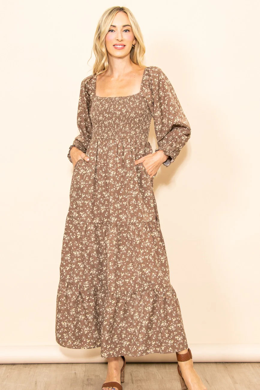 Mocha Floral Smocked Long Sleeve Maxi Dress | PinkBlush Maternity