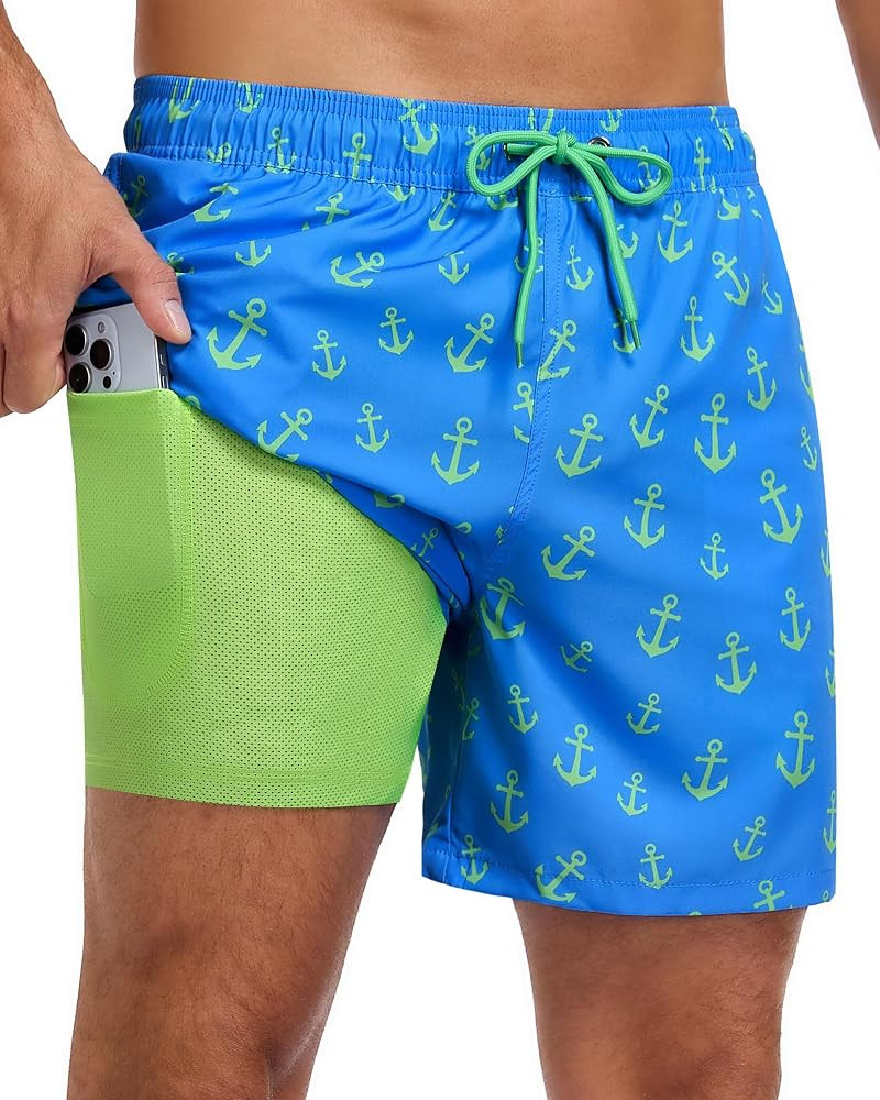 Mens Swim Trunks with Compression Liner, 7 Inch Quick Dry 2 in 1 Swim Shorts with Zipper Pockets ... | Amazon (US)