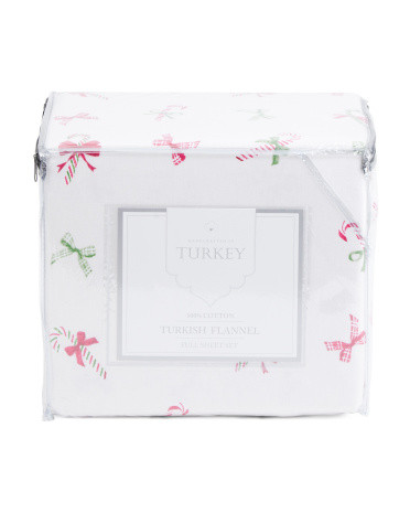 Made In Turkey Candy Cane Bows Flannel Sheet Set | TJ Maxx