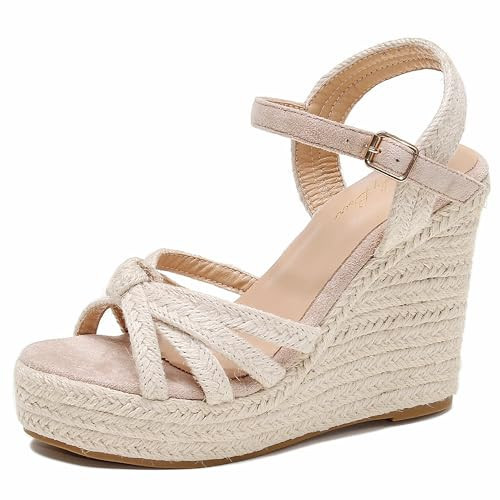 ZodyBoer Wedge Sandals for Women with Woven Raffia Upper, High Heel Espadrille Platform Sandals with Braided Knot Ankle Strap Sandals, Beige Size 7.5 | Amazon (US)