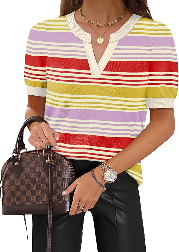 WIHOLL Short Sleeve Sweater Tops 2026 Spring Summer Trendy Knit Business Casual Essential V Neck ... | Amazon (US)