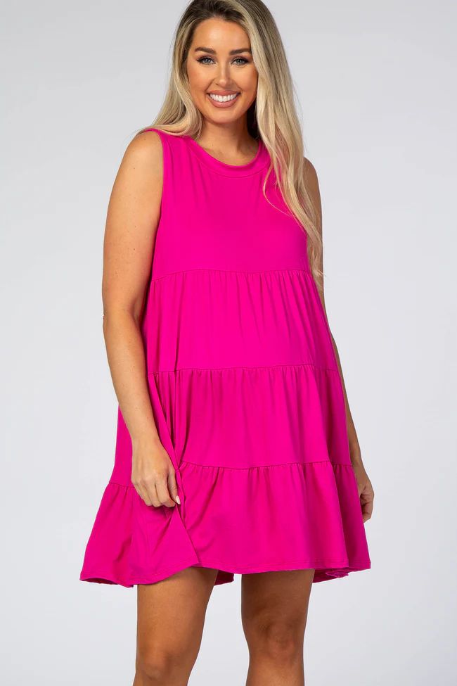 Fuchsia Soft Knit Pleated Tiered Sleeveless Maternity Dress | PinkBlush Maternity