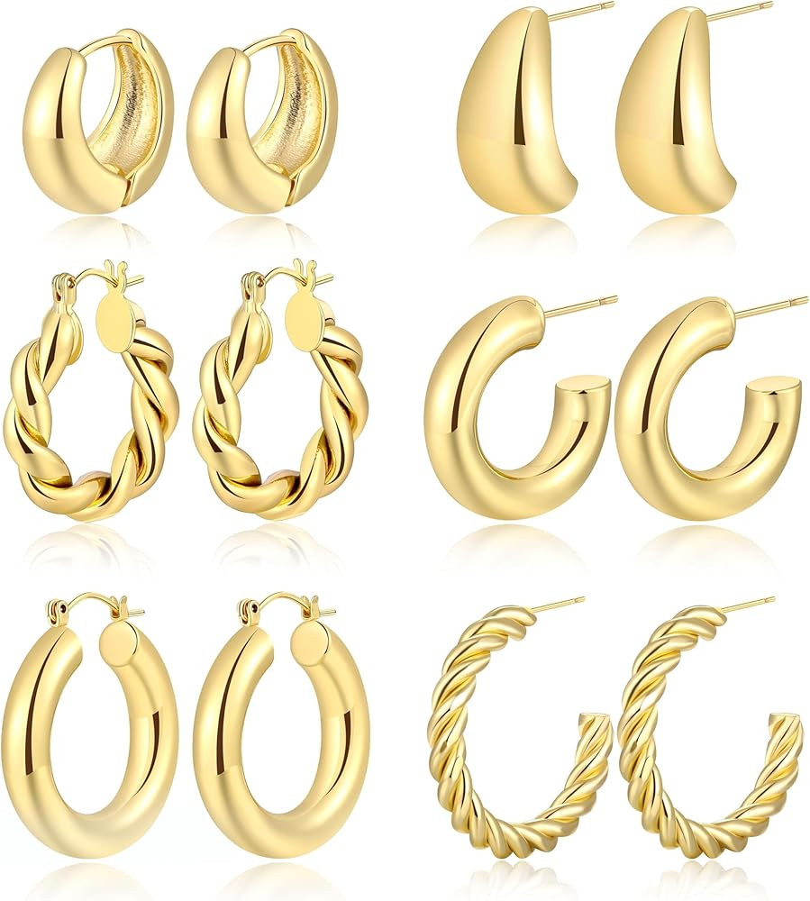 6 Pairs Gold Chunky Hoop Earrings for Women/Girl | 14K Gold Plated Lightweight Twisted Thick Open... | Amazon (US)