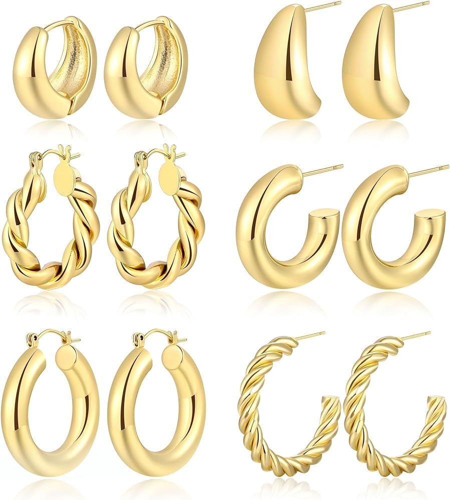 6 Pairs Gold Chunky Hoop Earrings for Women/Girl | 14K Gold Plated Lightweight Twisted Thick Open... | Amazon (US)