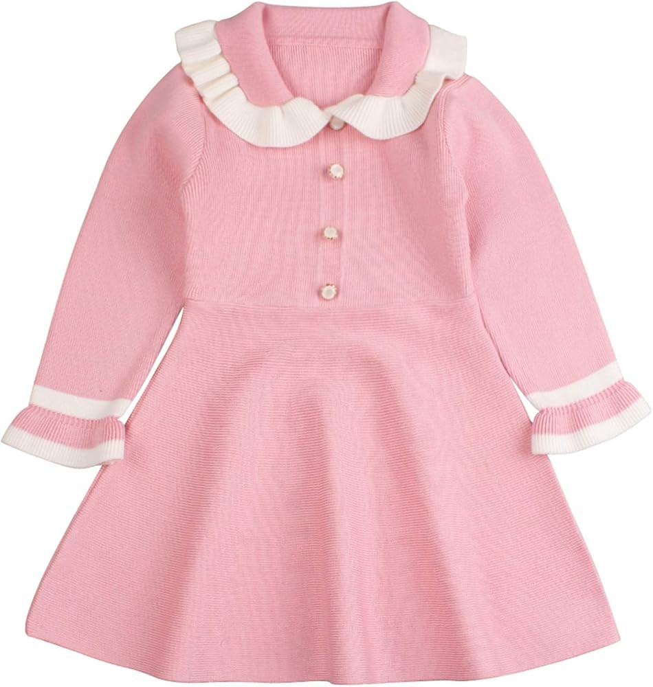 Peecabe Ruffles Toddler Girls Sweater Dress Soft Warm Long Sleeve V-Neck 2-6T Knitted Dress for F... | Amazon (US)