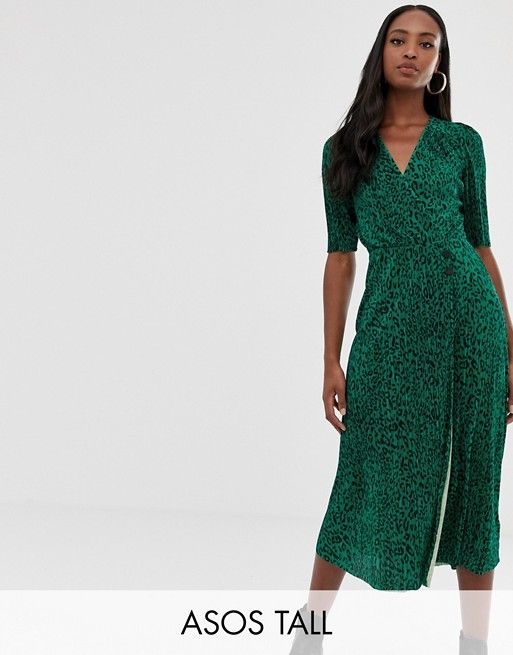 ASOS DESIGN Tall midi plisse dress in green animal print with button detail | ASOS US