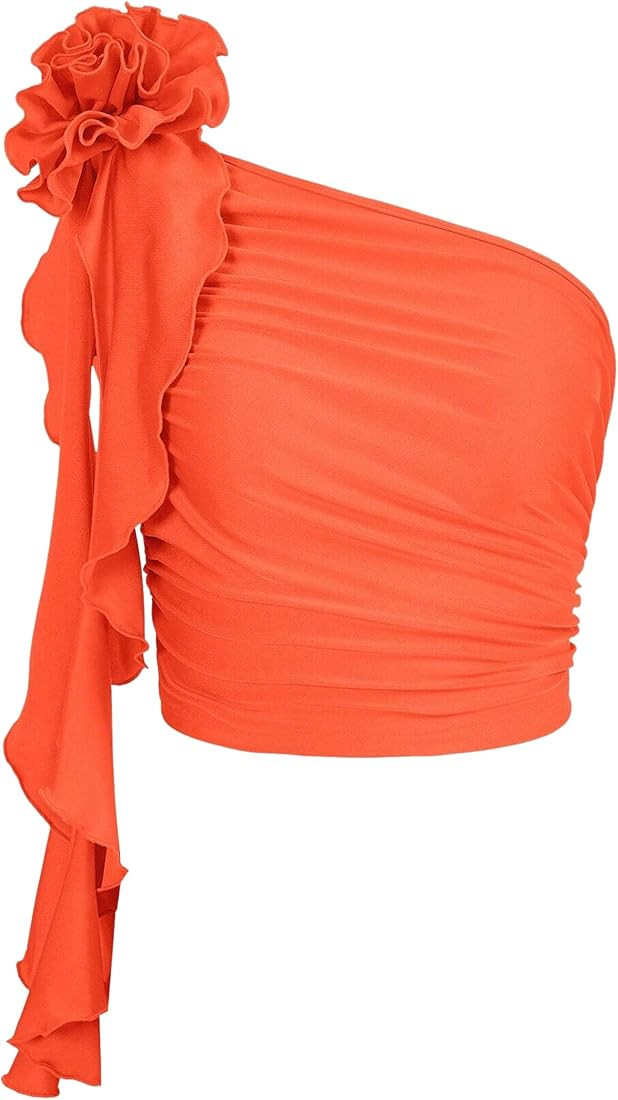 SAFRISIOR Women 3D Rosette Floral One Shoulder Crop Tops Y2K Sleeveless Ruched Ruffle Trim Crop T... | Amazon (US)