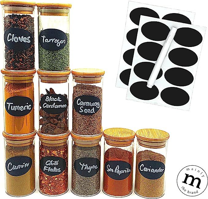 MAINLY the brand 6 OZ (185ml) Glass Spice Jars with bamboo lids set of 10, includes 16 Chalkboard... | Amazon (US)
