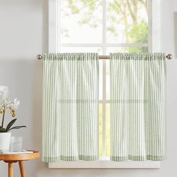 Vangao Stripe Farmhouse Kitchen Curtains 24 Inch Length Linen Cafe Curtains Tickingstripe Tier Cu... | Amazon (US)