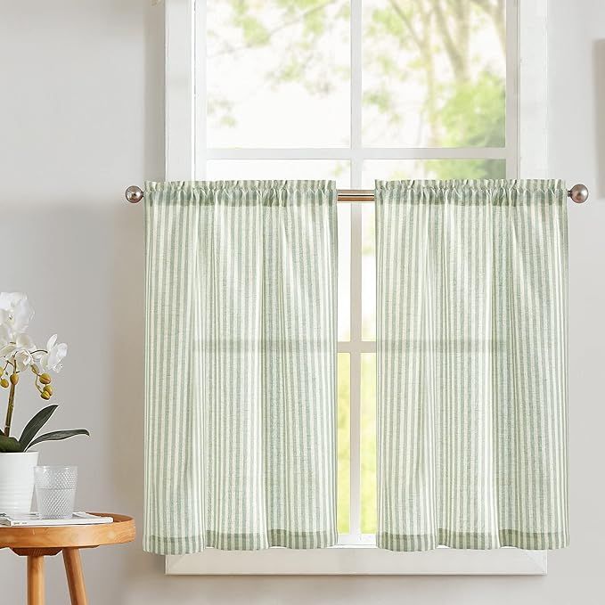 Vangao Stripe Farmhouse Kitchen Curtains 24 Inch Length Linen Cafe Curtains Tickingstripe Tier Cu... | Amazon (US)