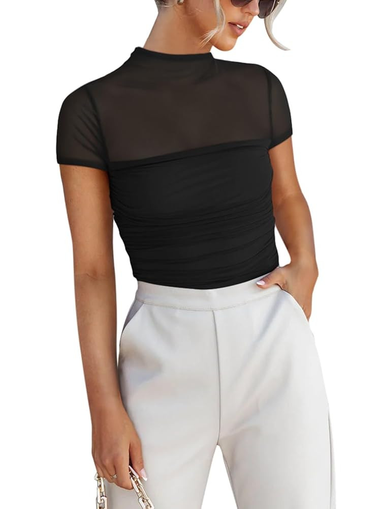 REORIA Women's Sexy Mock Turtle Neck Short Sleeve Shirts Sheer Mesh Ruched Trendy Going Out Bodys... | Amazon (US)