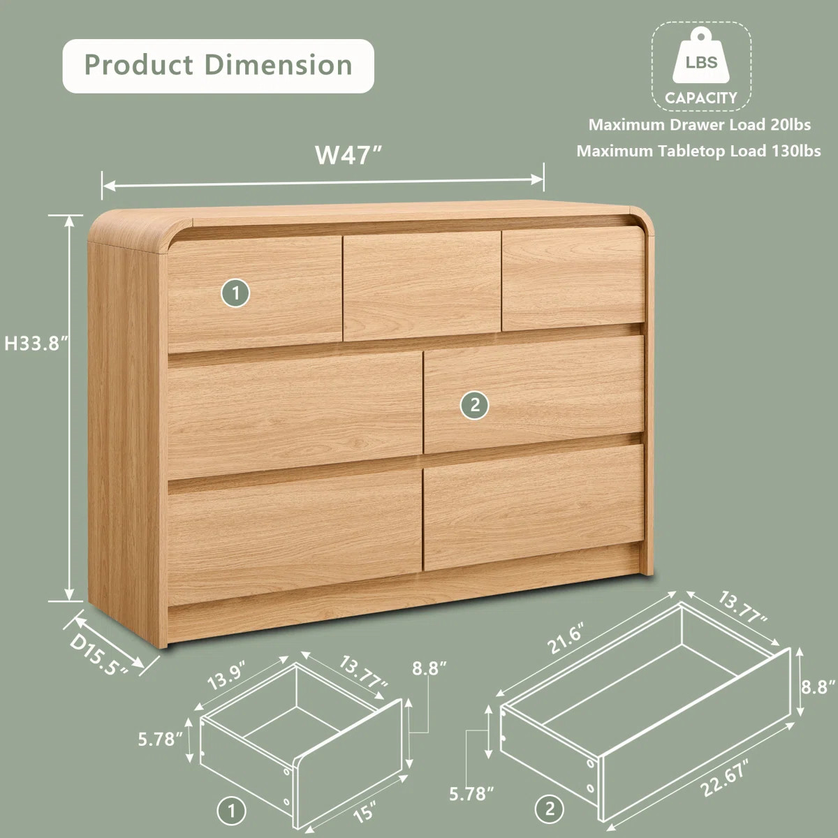 Maud Modern 7 Drawers Dresser for Bedroom, 47" Wide Wood Dressers & Chests of Drawers w/Curved Pr... | Wayfair North America