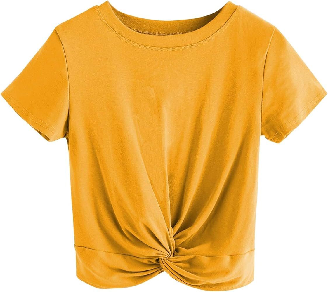 MakeMeChic Women's Summer Crop Top Solid Short Sleeve Twist Front Tee T-Shirt | Amazon (US)