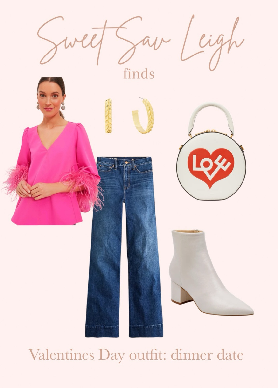 Valentine’s Day outfit idea: dinner night | wide leg jeans, flare jeans, pink top, pink feather top, feather top, white booties, winter outfit 

#LTKfindsunder100 #LTKstyletip #LTKSeasonal
