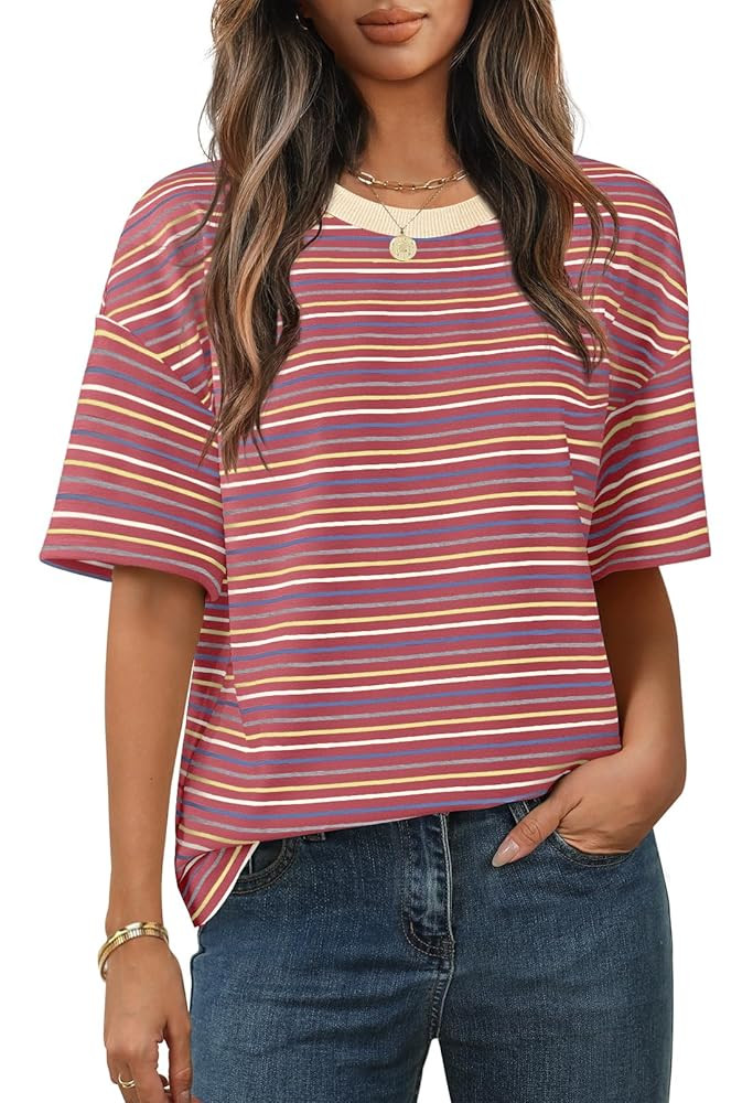 MEROKEETY Women's Summer Short Sleeve Shirt Casual Colourful Striped Crewneck Loose Tops Blouse | Amazon (US)