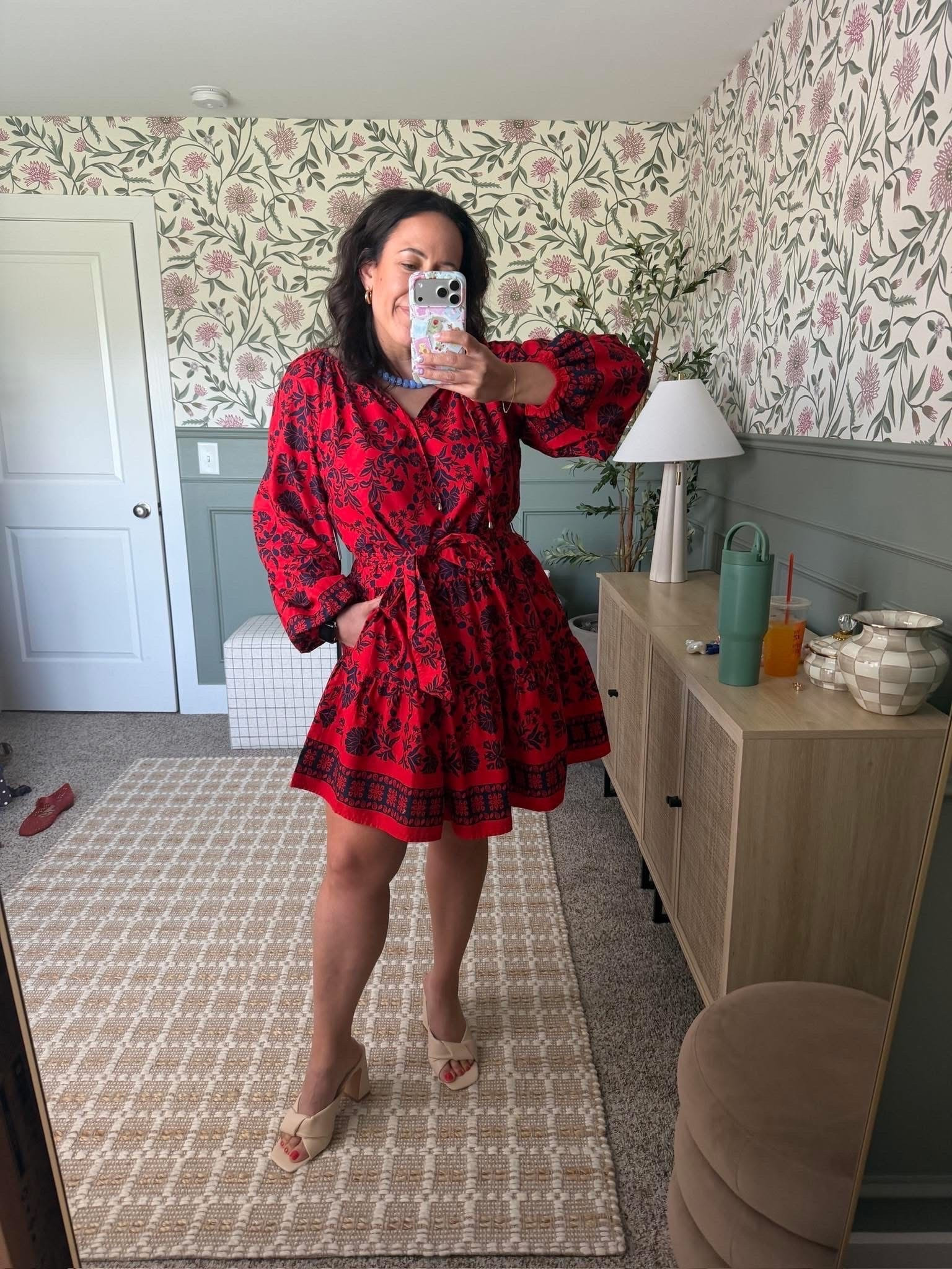 red floral frill waist v neck smock dress Fashion Red Multi-Color Floral Print V-Neck Ruffle Dress XS / Red