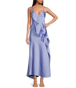 Quinn Ruffle Draped V-Neck Sleeveless Satin Dress | Dillard's