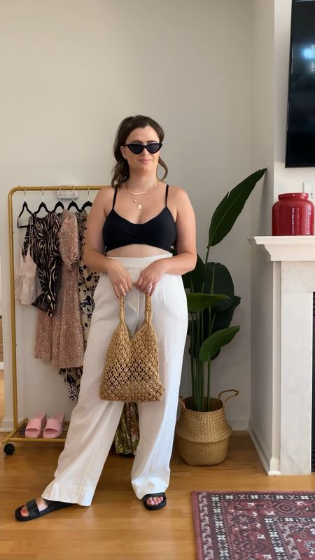 Looking for a cute vacation outfit? Try a swimsuit and linen pants! Flat sandals and a mesh tote bag complete the look  

#LTKunder100 #LTKstyletip #LTKSeasonal