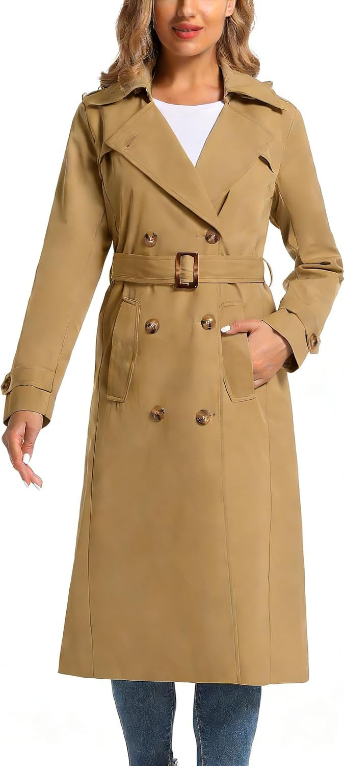 Women's Waterproof Long Trench Coat Double Breasted Length Classic Lapel Belt Coat With Removable Hood | Amazon (US)