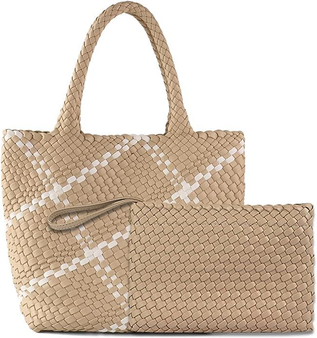 Woven Bag for Women Vegan Leather Tote Bag Large Summer Beach Travel Handbag and Clutch Retro Han... | Amazon (US)