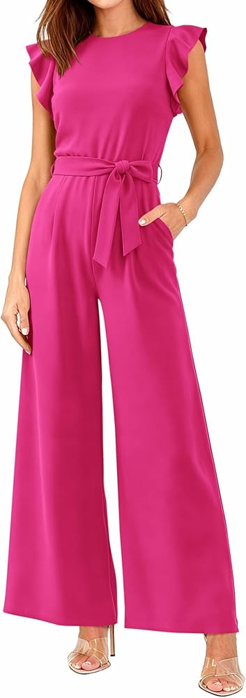 BTFBM Jumpsuits For Women 2026 Crew Neck Dressy Cap Sleeve Belted High Waist Wide Leg Romper One ... | Amazon (US)