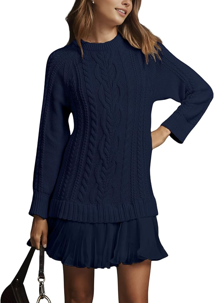 Women Cable Knit Sweater Dress Crewneck Long Sleeve Pleated Mini Dress Twofer Style Patchwork Dre... | Amazon (US)
