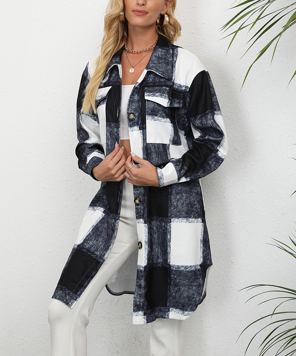 Suvimuga Women's Pea Coats Black - Black & White Brushstroke Plaid Longline Shacket - Women | Zulily
