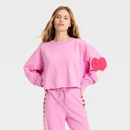 Women's Valentine's Day Patchwork Crewneck Sweatshirt - JoyLab™ Pink | Target