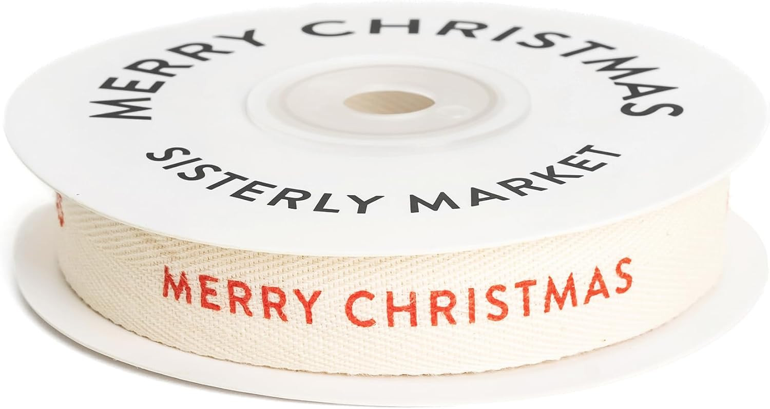 Custom Herringbone Cotton Ribbon, Natural 5/8 Inch Gift Ribbon with Merry Christmas Printed Phrase, 10 Yards | Amazon (US)