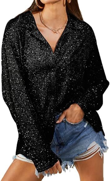 Sequin Button Front Shirt Women’s Dinner Blouse Silver Sequin Tops Sparkly Button Up Shirt Coll... | Amazon (US)