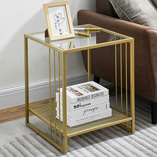 N/D Golden End Table with Tempered Glass Top, Square Side 2-Tire Storage, Classic Accent Metal Fr... | Amazon (US)