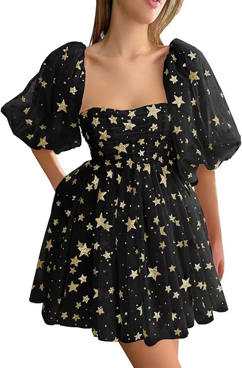 Basgute Women's Sparkly Starry Tulle Prom Dresses Puffy Sleeve Long Glitter Star Tea Length Forma... | Amazon (US)
