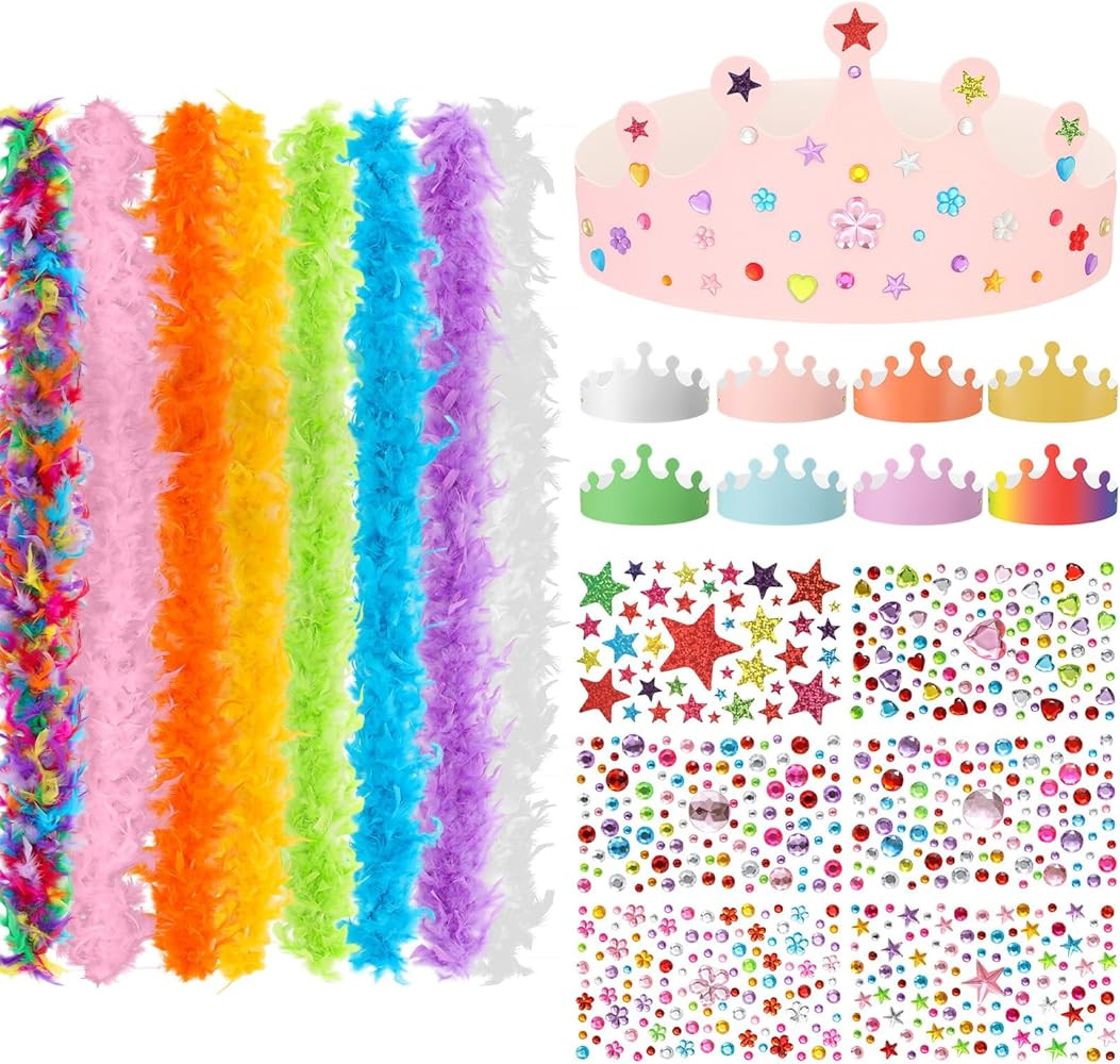 6.6ft Feather Boas & 8 Paper Crowns with Sticker Dress up Party Kit for Birthday Wedding Hallowee... | Amazon (US)