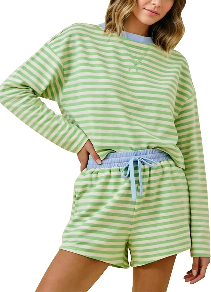 MISSACTIVER Striped Lounge 2 Piece Sets for Women Long Sleeve T Shirts Drawstring Shorts Loose Fi... | Amazon (US)