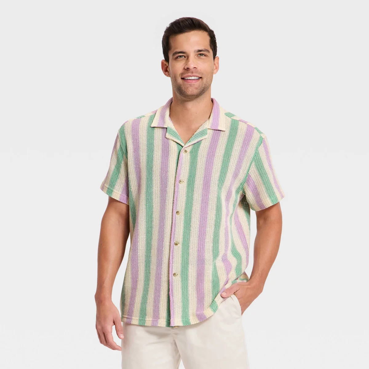 Men's Short Sleeve Open Work Button-Down Camp Shirt - Goodfellow & Co™ - Green/Purple Striped L | Target