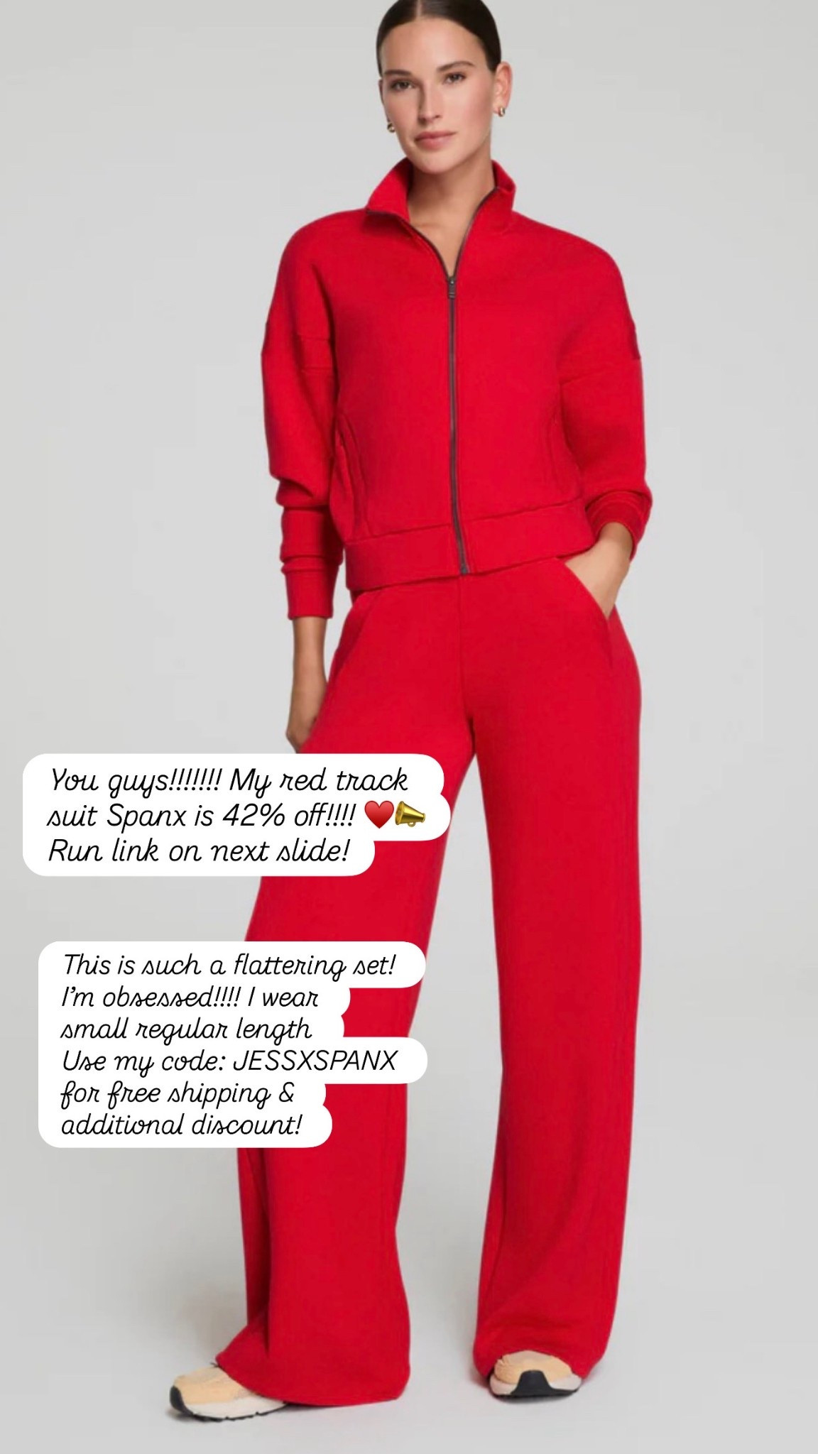 RUN!!!! My fave red Spanx track suit set is on major sale!!!!!!!!! I wear small regular length! Use my discount code: JESSXSPANX 

#LTKSaleAlert #LTKOver40 #LTKootd