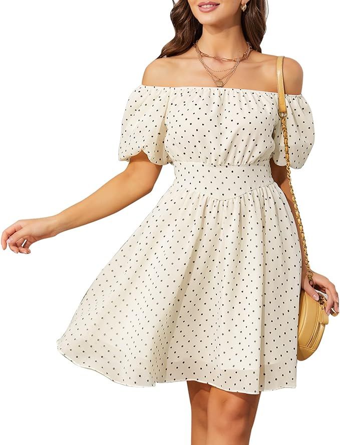 EXLURA Womens Casual Off Shoulder Short Dress Puff Short Sleeve Polka Dot High Waist A-Line Flowy... | Amazon (US)