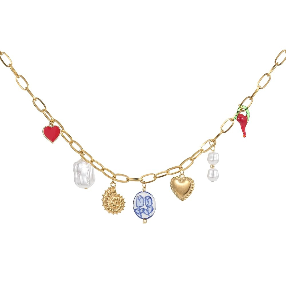 Trendy Stainless Steel Gold Plated Charm Necklace with Heart Pearl Pepper Conch Ceramic Pendant N... | Amazon (US)