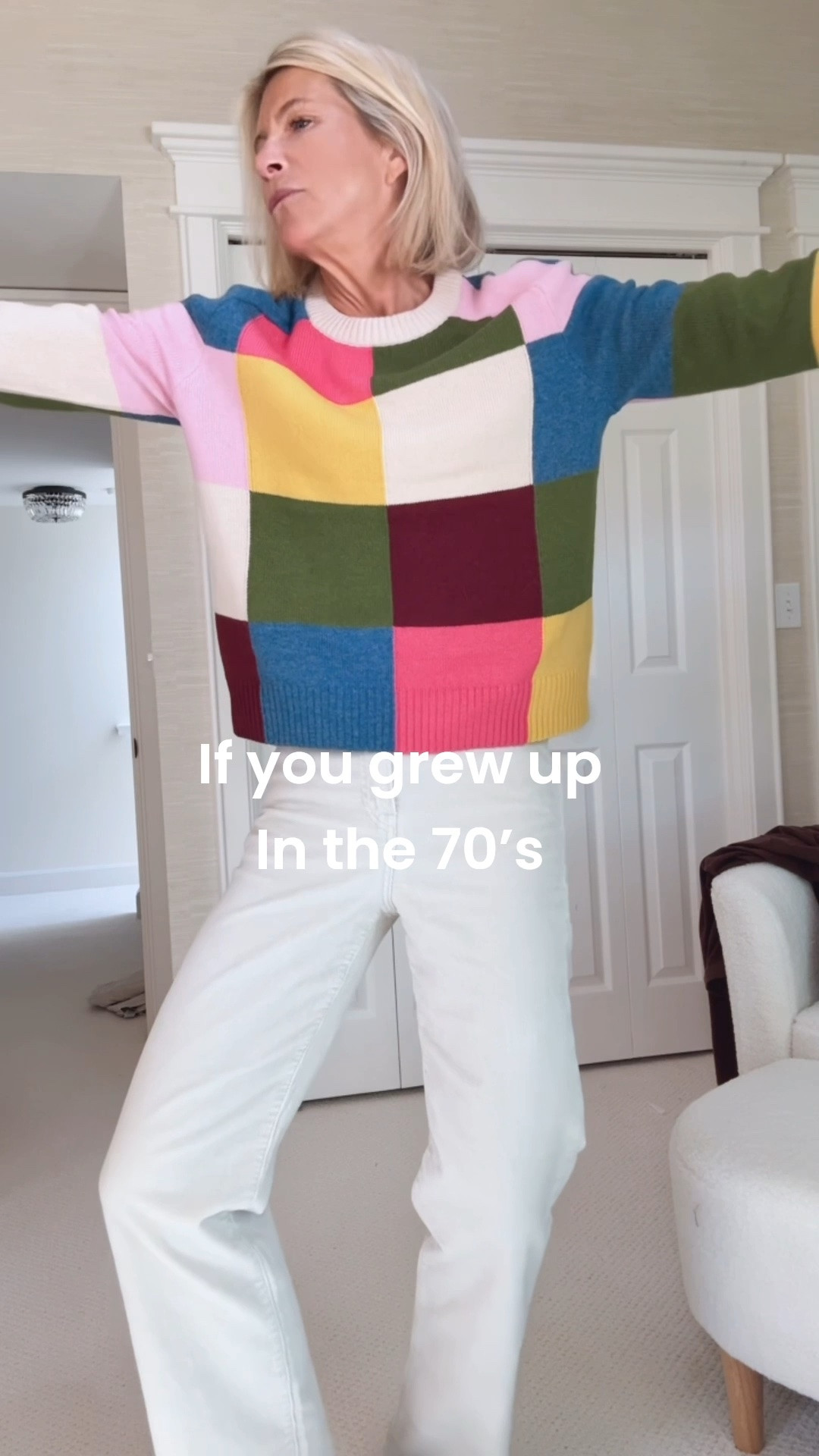 If you grew up in the ‘70’s , I bet you owned this outfit!  A preppy color block sweater and Levi’s corduroys in light beige :)